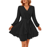 1 x RAW Customer Returns TcIFE Women s Short Dress Long Sleeve Casual V-Neck Tunic Dresses Solid Color Ruffle Mini Dress Swing Skater High Waist Wrap Dress Chiffon, Black, S - RRP €49.99