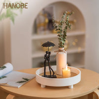 1 x RAW Customer Returns Hanobe decorative tray wooden tray decorative tray white serving tray round with feet wooden riser for display modern chic decorative plate wood with stand for 30cm wooden plate for candles kitchen - RRP €25.04