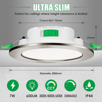 1 x RAW Customer Returns ALUSSO LED recessed spotlights 230V dimmable 68mm 7W ultra-flat IP44 LED spots warm white neutral white cold white recessed lights for bathroom kitchen living room, brushed nickel, set of 12 - RRP €84.99