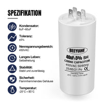 1 x RAW Customer Returns BEEYUIHF CBB60 Motor Capacitor 40 F 450V 50 60Hz 40UF Start Capacitor M8 Plug for Electric Motor 50 x 108mm - RRP €25.2