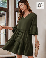 1 x RAW Customer Returns BebreezChic Women s Dress Elegant Summer Short V-Neck Flared Sleeves 3 4 Line Sleeve Flared Hem Casual Dress, Green XL - RRP €35.0