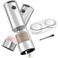 1 x RAW Customer Returns CIRCLE JOY electric salt and pepper mill set, battery-operated spice mill made of stainless steel with base, washable 95 ml transparent container, white LED light and adjustable coarseness, silver - RRP €28.99