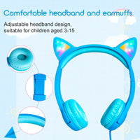 1 x RAW Customer Returns Kids Headphones, Cat Ears Headphones with LED Lights, Cat Headphones Safe Volume 85 dB Limited Headphones, Wired Toddler Headphones for Tablet Online School Travel, Blue - RRP €16.99