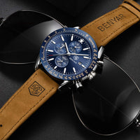 1 x RAW Customer Returns BENYAR Men s Watch Quartz Sport Chronograph Fashion Brand Business Watch Men Brown Leather Watch Waterproof Scratch-Resistant Analogue Automatic Date Elegant Gift Wristwatch Steel Blue  - RRP €42.06