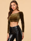 1 x RAW Customer Returns Allegra K Women s Off Shoulder Long Sleeve Velvet Crop Top Brown XS - RRP €34.99