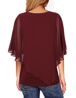 1 x RAW Customer Returns Vafoly Women s Chiffon Loose Batwing Short Flutter Sleeve Blouse Tops Fashion 2022 Work Casual Double Layer Lightweight Poncho Cape Shawl Women s Swing Loose Tunic Shirt Wine Red XXL - RRP €31.25