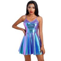 1 x RAW Customer Returns Women s Shiny Metallic Mini Dress A Line Sleeveless Holographic Pleated Dress Disco Night Club Dance Party Dress Halloween Carnival Alien Costume Space Girls Rave Outfit Blue L - RRP €27.83