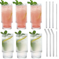 1 x RAW Customer Returns MUJUZE Fluted glasses set with glass straw, 6 water glasses, stackable aesthetic glass, 310 ml long drink glasses set, origami style glass cups, glasses set ideal for cocktails and coffee glasses - RRP €35.99