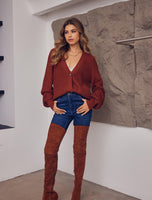 1 x RAW Customer Returns Hotouch Women s Short V-Neck Button Down Cardigan Long Sleeve Knitted Jacket with Button Casual Brick Red Knitted Coat M - RRP €28.22