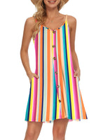 1 x RAW Customer Returns AUSELILY Summer Dress Women s Dresses Spaghetti Straps Knee-Length Beach Dress Casual Dresses V Neck Lightweight Dresses Summer With Pockets For Women Rainbow Stripes, S  - RRP €28.56