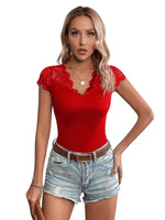 1 x RAW Customer Returns GORGLITTER women s T-shirt elegant top with lace trim office casual shirt short sleeve lace shirt with V neck red M - RRP €24.99