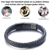 1 x RAW Customer Returns Halukakah Kids Jazz Junior Boys Genuine Leather Handmade Braid Black Mix Blue Bracelet 6-12 years old. Titanium Matte Magnetic Clasp Size Adjustable 18-19.5cm with Gift Box - RRP €19.15