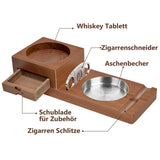 1 x RAW Customer Returns FINEW cigar ashtray coaster with cigar accessories, wooden ashtray with cigar cutter, drawer and cigar slot - cigar accessories set gift for men - RRP €22.18