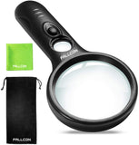 1 x RAW Customer Returns FALLCON Magnifying Glass with High Magnification LED 3X 45X, Portable Handheld Magnifying Glass for Reading and Observation - with Cleaning Cloth and Storage Bag. - RRP €15.47