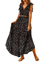 1 x RAW Customer Returns Dokotoo Boho Dress Women Summer Elegant V-Neck Tops High Waist Tunic Maxi Dresses Floral Ruffles Cap Sleeve Wrap Chiffon Long 2-Piece Skirt Set Black 2XL - RRP €35.28