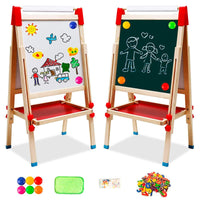 1 x RAW Customer Returns NUKied wooden children s board with paper roll, double-sided whiteboard and blackboard, children s easel with numbers and other accessories for children and toddlers T04  - RRP €60.79