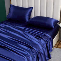 1 x RAW Customer Returns Jemiipee Satin Double Bed Sheet Set Solid Color 200x200x36 cm - Double Fitted Bottom Sheet, Top Sheet, 2 Pillowcases - 4 Piece Satin Bedding - Navy Blue - RRP €52.99