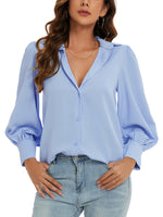 1 x Brand New MINTLIMIT Chiffon Blouse Women Summer Shirt Long Sleeve Casual Button Down with Buttons Shirt Blue L  - RRP €26.21