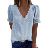 1 x RAW Customer Returns Loalirando Women s Shirt with Short Sleeve Lace Blouse Elegant V-Neck T Shirt Sexy Office Blouse Casual Summer Shirt Tops Elegant Women s T-Shirt Light Blue, XXL  - RRP €21.62