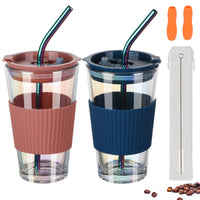 1 x RAW Customer Returns UHAPEER glass cup 450ml set of 2, smoothie cup to go, drinking cup with splash-proof lid and straw, travel mug, iced coffee cup to go, BPA free whiskey glasses drinking glass - RRP €23.86