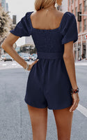 1 x RAW Customer Returns Toplop Jumpsuit Women Summer Short Pocket Belt Beach Hawaii Office Overall Sexy Fashion Casual Elegant Pantsuit Off Shoulder Short Sleeve Smocked Romper with Square Neck 143 Dark Blue M - RRP €32.18