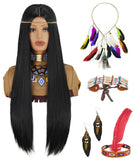 1 x RAW Customer Returns Indian Wig for Women Men Long Black Wig with Accessories Necklace Earrings Headband Wig Cap for Costume Mardi Gras Halloween VD107BK - RRP €19.15