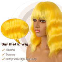 1 x RAW Customer Returns LANCAINI Wavy Wig With Bangs Women s Short Wigs Curly Wavy Bob Synthetic Cosplay Wig for Girls Daily Use Colorful Wigs Yellow  - RRP €20.2