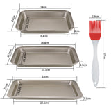 1 x RAW Customer Returns Pack of 3 baking trays, carbon steel, oven tray, cake tray, oven tray, gold fat pan, oven tray, rectangular for oven, oven, stove, baking, serving, with 3 x silicone oil brushes - RRP €18.04