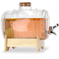 1 x RAW Customer Returns KADAX barrel with tap 3L, barrel-shaped drinks dispenser made of glass with tap, transparent dispenser with wooden base, alcohol dispenser ideal for whiskey, brandy, juices, lemonade - RRP €32.26