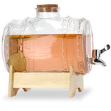 1 x RAW Customer Returns Barrel with tap, barrel-shaped drinks dispenser made of glass, barrel with tap, transparent dispenser with wooden base, alcohol dispenser ideal for whiskey, brandy, juices, lemonade 3L  - RRP €34.19