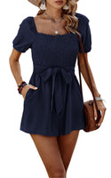 1 x RAW Customer Returns Toplop Jumpsuit Women Summer Short Pocket Belt Beach Hawaii Office Overall Sexy Fashion Casual Elegant Pantsuit Off Shoulder Short Sleeve Smocked Romper with Square Neck 143 Dark Blue M - RRP €32.18