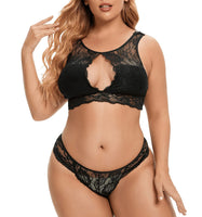 1 x Brand New EVELUST Women s Sexy Plus Size Lingerie Set 2 Pieces High Neck Keyhole Bralette and Cut Back Panty Eyelashes Floral Lace Underwear Black, L, 918w  - RRP €27.6