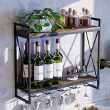 1 x RAW Customer Returns bimiti Wall Mounted Metal Wine Rack 60 x 20 x 53 cm with Glass Holder, 2 Tier Wooden Wine Rack with 5 Wine Glass Holders for Kitchen, Home, Dining Room and Bar Black - RRP €20.4