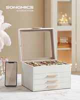 1 x RAW Customer Returns SONGMICS jewelry box, 4-tier jewelry box with glass lid, 3 drawers, jewelry storage, storage space, modern, gift idea, 20.3 x 23.1 x 16.5 cm, cloud white-gold JBC173W01 - RRP €43.27