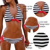 1 x RAW Customer Returns Voqeen Women s Bikini Striped Halter Padded Swimsuit Two-Piece Beachwear Black, S  - RRP €18.54