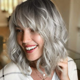 1 x RAW Customer Returns PARXITN Short Bob Wig with Bangs Natural Ombre Silver Wig Synthetic Hair Colorful Daily Party Halloween Cosplay Wavy Curly Wigs for Women - RRP €26.21