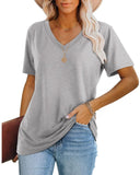 1 x RAW Customer Returns WIHOLL T-Shirt Women Short Sleeve T Shirt V Neck Tops Oversize Tops Elegant 2024 Gray XL - RRP €25.8