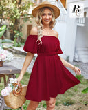 2 x Brand New BebreezChic Summer Dress Women Boho Floral Mini Dress Short Sleeve Off Shoulder High Waist Party Dress Beach Dress Knee Length Dress 2023, Solid Raspberry Red XL - RRP €55.2