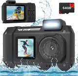 1 x RAW Customer Returns MOREXIMI 33FT Underwater Camera 4K Waterproof Camera, 65MP Autofocus Selfie Dual Screen Underwater Camera for Snorkeling Waterproof Compact Floatable Digital Camera with 64GB Card Black  - RRP €108.18