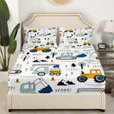 1 x RAW Customer Returns 3 Piece Single Bed Sheet Set - Construction Machinery Tractor, Digger, Truck, etc. Cartoon Style - White and Yellow - Fitted Sheet with Deep Pocket - RRP €36.12