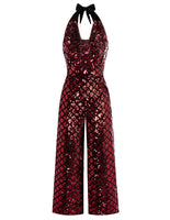 1 x RAW Customer Returns Belle Poque Women s Halter Neck Jumpsuit, Vintage Wide Leg Sleeveless Pants with Pockets, Sequin Wine, S - RRP €46.49