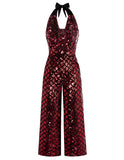 1 x RAW Customer Returns Belle Poque Women s Halter Neck Jumpsuit, Vintage Wide Leg Sleeveless Pants with Pockets, Sequin Wine, S - RRP €46.49