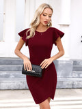 1 x RAW Customer Returns Missufe Party Dress Tight Elegant Figure-hugging Cocktail Dress Women s Mini Dress Bodycon Wedding Ruffle Dress Wine Red, S  - RRP €41.99