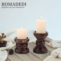 1 x Brand New Romadedi Candle Holders Pillar Candles Wooden Candlesticks - Set of 2 Vintage Country House Style Wooden Candle Holders Chunky Decorative Mantle Living Room Table Decoration - RRP €25.2