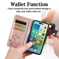 1 x RAW Customer Returns RankOne Leather Case for Smartphone, Compatible with iPhone 15 Pro 6.1 Inches , Wallet Case with 3 Card Slots 1 Coin Pocket Four-Leaf Clover Pattern - Rose Gold - RRP €21.6