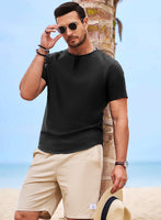 1 x RAW Customer Returns Meilicloth linen shirt men short sleeve summer men s Henley shirt linen casual shirt short T-shirt for men short sleeve shirt summer shirt top men short sleeve shirt casual beach Hawaii black XXL - RRP €24.19