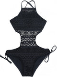 1 x RAW Customer Returns Ocean Plus Women s Black High Neck Swimsuit Halter Neck Lace One Piece Cut Out Padded M 34, A-Black  - RRP €23.6