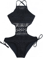 1 x RAW Customer Returns Ocean Plus Women s Black High Neck Swimsuit Halter Neck Lace One Piece Cut Out Padded M 34, A-Black  - RRP €23.62