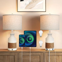 1 x RAW Customer Returns OUTON table lamps set of 2, bedside lamp touch dimmable, table lamp with USB A Type-C ports, 2 dimmable LED bulbs, modern ceramic table lamp with linen shade for bedroom, living room, office - RRP €66.54