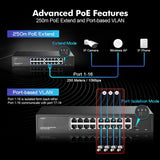 1 x RAW Customer Returns 16-Port PoE Switch, 10 100Mbps PoE Ports, 2 Gigabit Ethernet Uplink, IEEE802.3af at, Max 200W, VLAN PoE Extend 250m, Fanless Unmanaged Ethernet Switch with Rack Mount - RRP €86.99